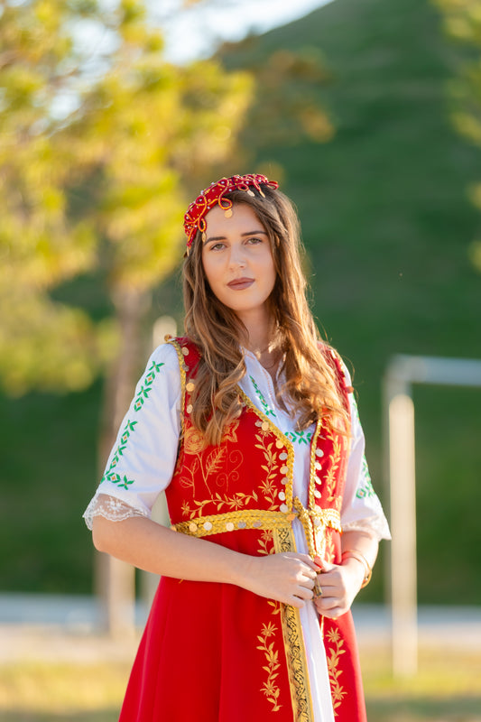 “Krenaria e Arbërit – Red Vest & White Embroidered Dress”
